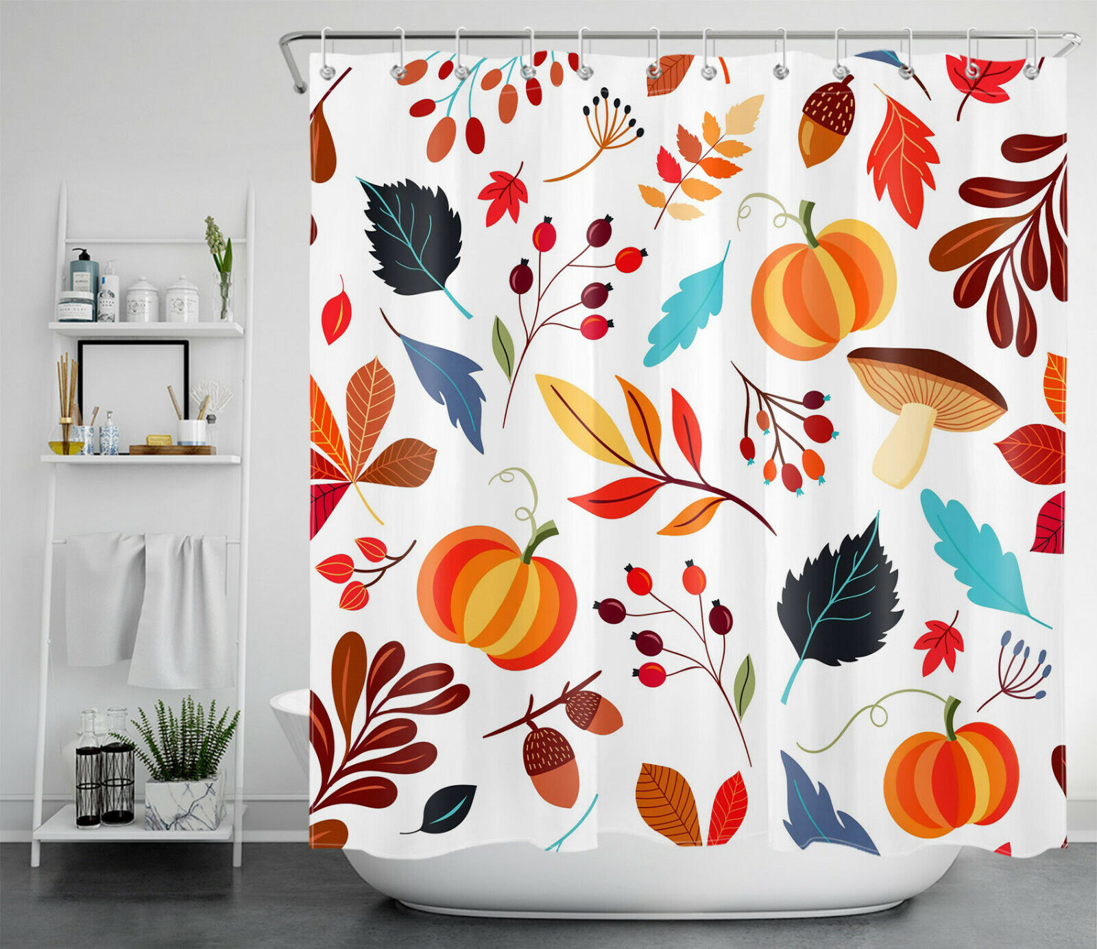 Thanksgiving Shower Curtain - Autumn Pumpkin Leaf Mushroom Decoration - Image 2