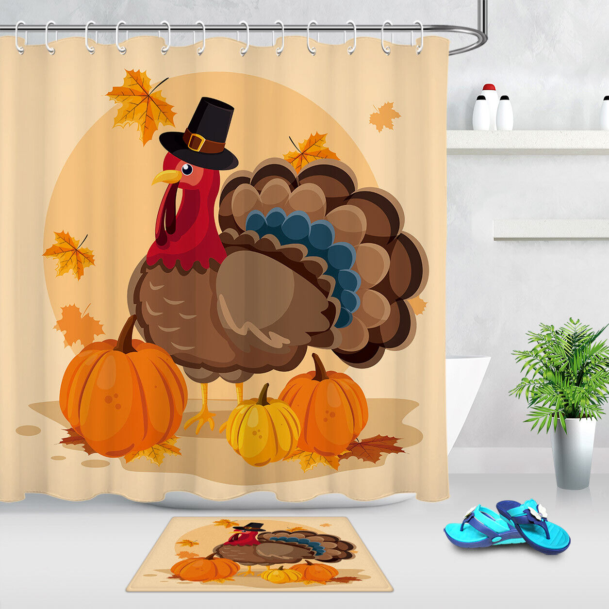 Thanksgiving Turkey Fall Harvest Pumpkin Leaf Shower Curtain for Bathroom Decor