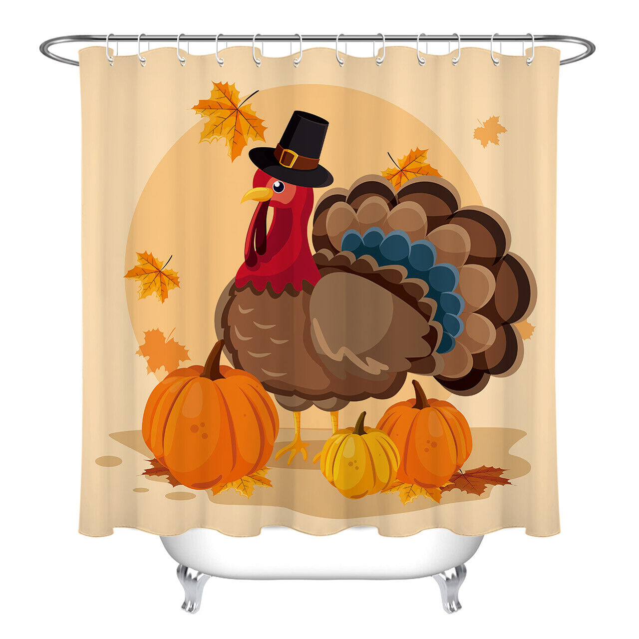 Thanksgiving Turkey Fall Harvest Pumpkin Leaf Shower Curtain for Bathroom Decor