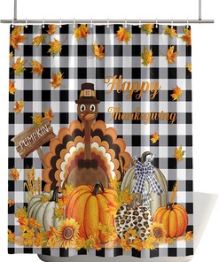 Thanksgiving Turkey Pumpkin Maple Leaf Black White Plaid Bath Shower Curtain