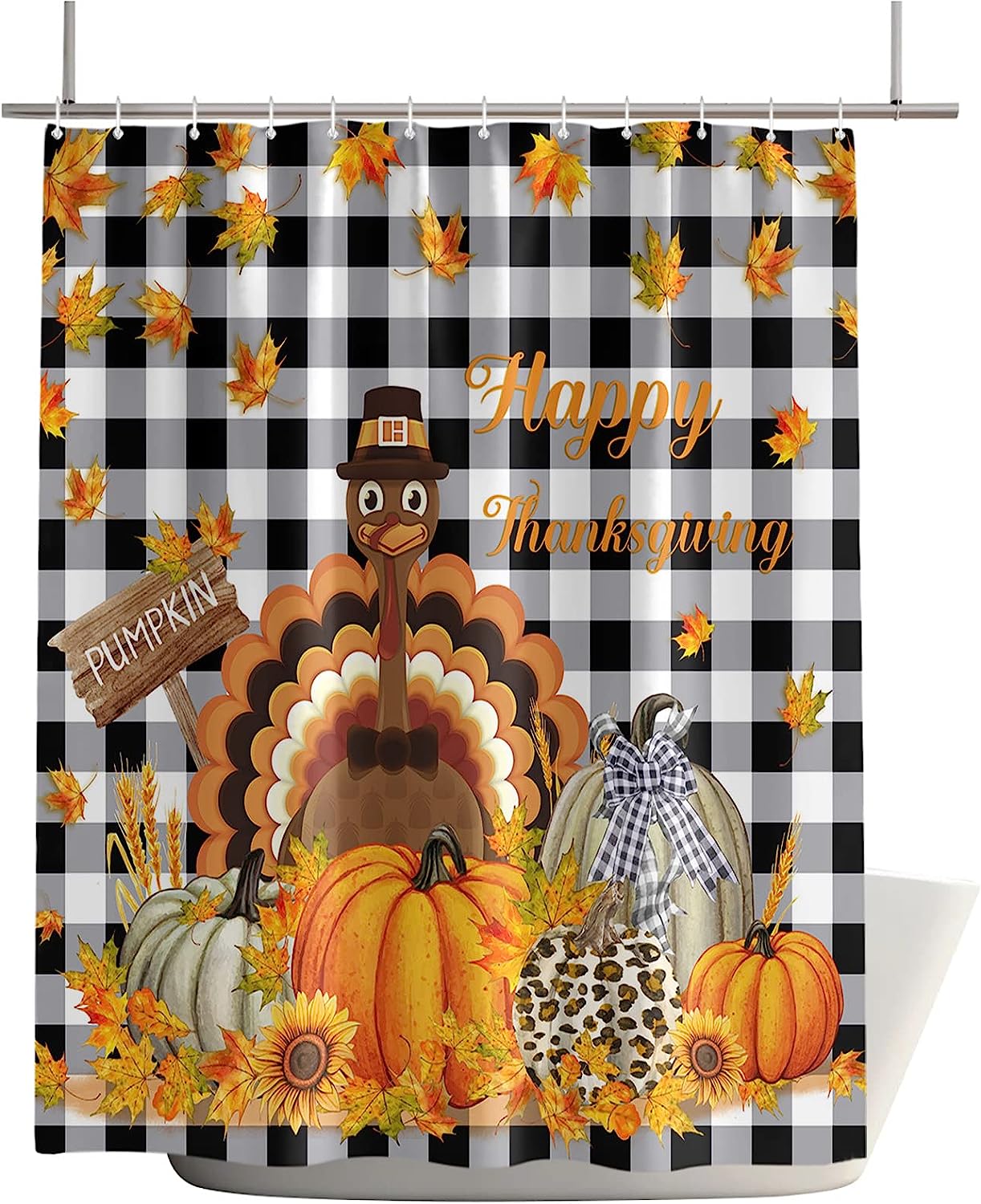 Thanksgiving Turkey Pumpkin Maple Leaf Black White Plaid Bath Shower Curtain
