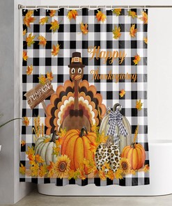 Thanksgiving Turkey Pumpkin Maple Leaf Black White Plaid Bath Shower Curtain