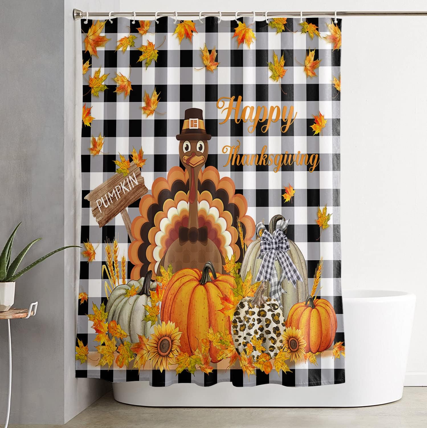 Thanksgiving Turkey Pumpkin Maple Leaf Black White Plaid Bath Shower Curtain