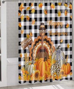 Thanksgiving Turkey Pumpkin Maple Leaf Black White Plaid Bath Shower Curtain