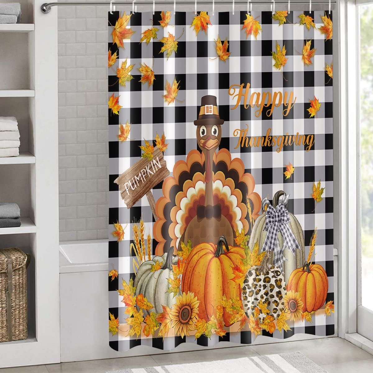 Thanksgiving Turkey Pumpkin Maple Leaf Black White Plaid Bath Shower Curtain