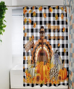 Thanksgiving Turkey Pumpkin Maple Leaf Black White Plaid Bath Shower Curtain