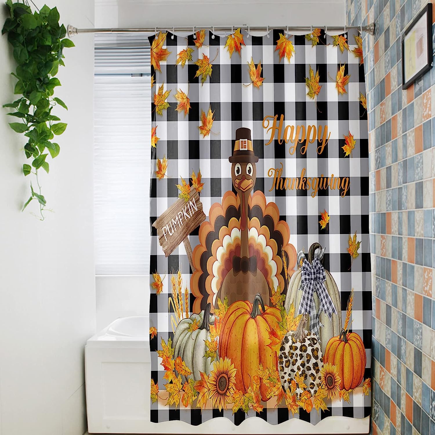Thanksgiving Turkey Pumpkin Maple Leaf Black White Plaid Bath Shower Curtain