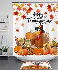 Thanksgiving Turkey and Pumpkin Shower Curtain, Waterproof and Festive Design for Bathroom