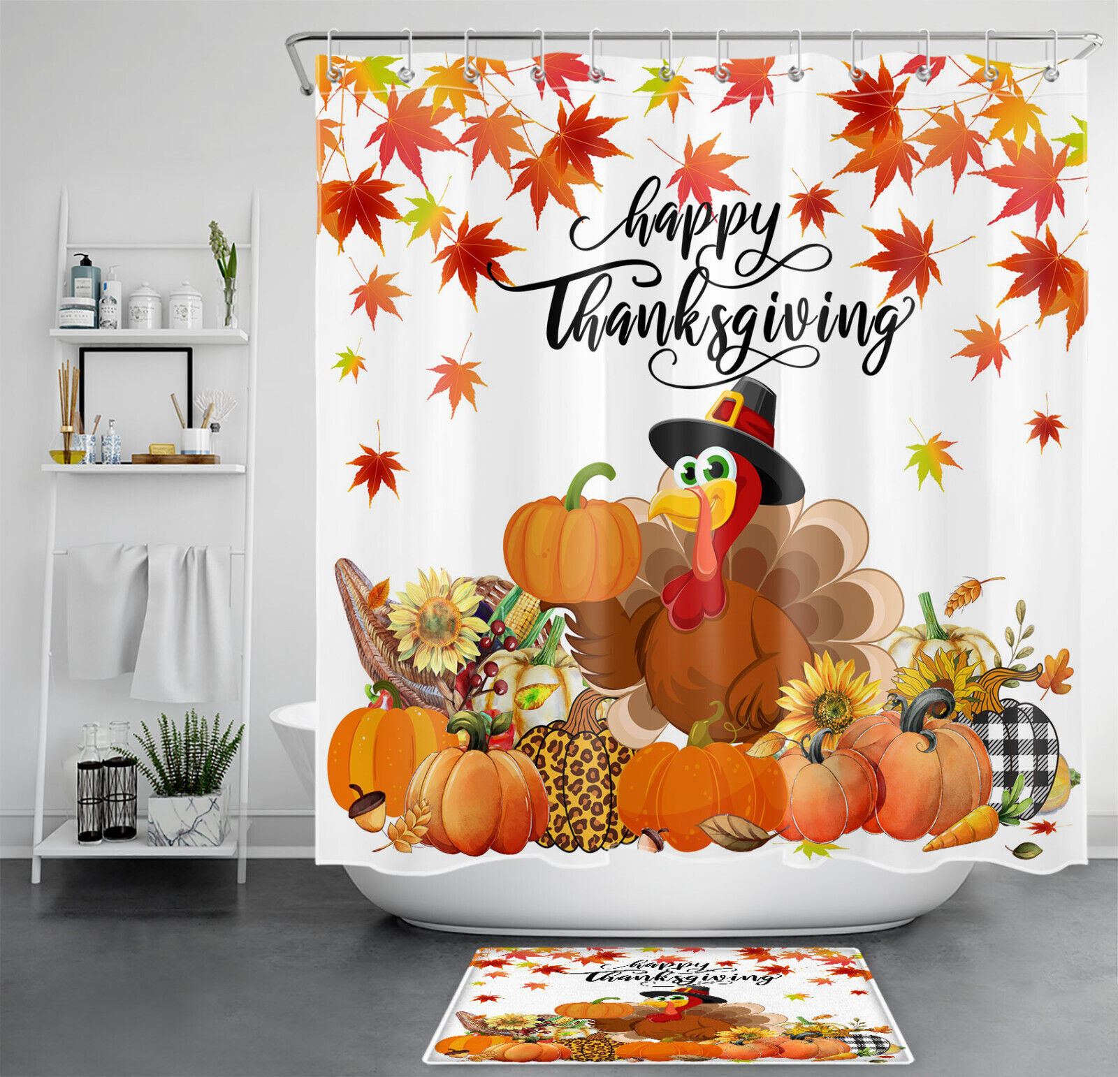 Thanksgiving Turkey and Pumpkin Shower Curtain, Waterproof and Festive Design for Bathroom