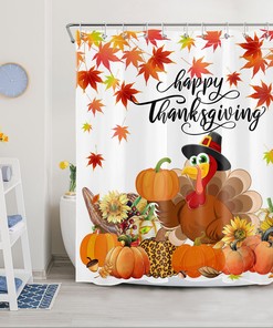 Thanksgiving Turkey and Pumpkin Shower Curtain, Waterproof and Festive Design for Bathroom
