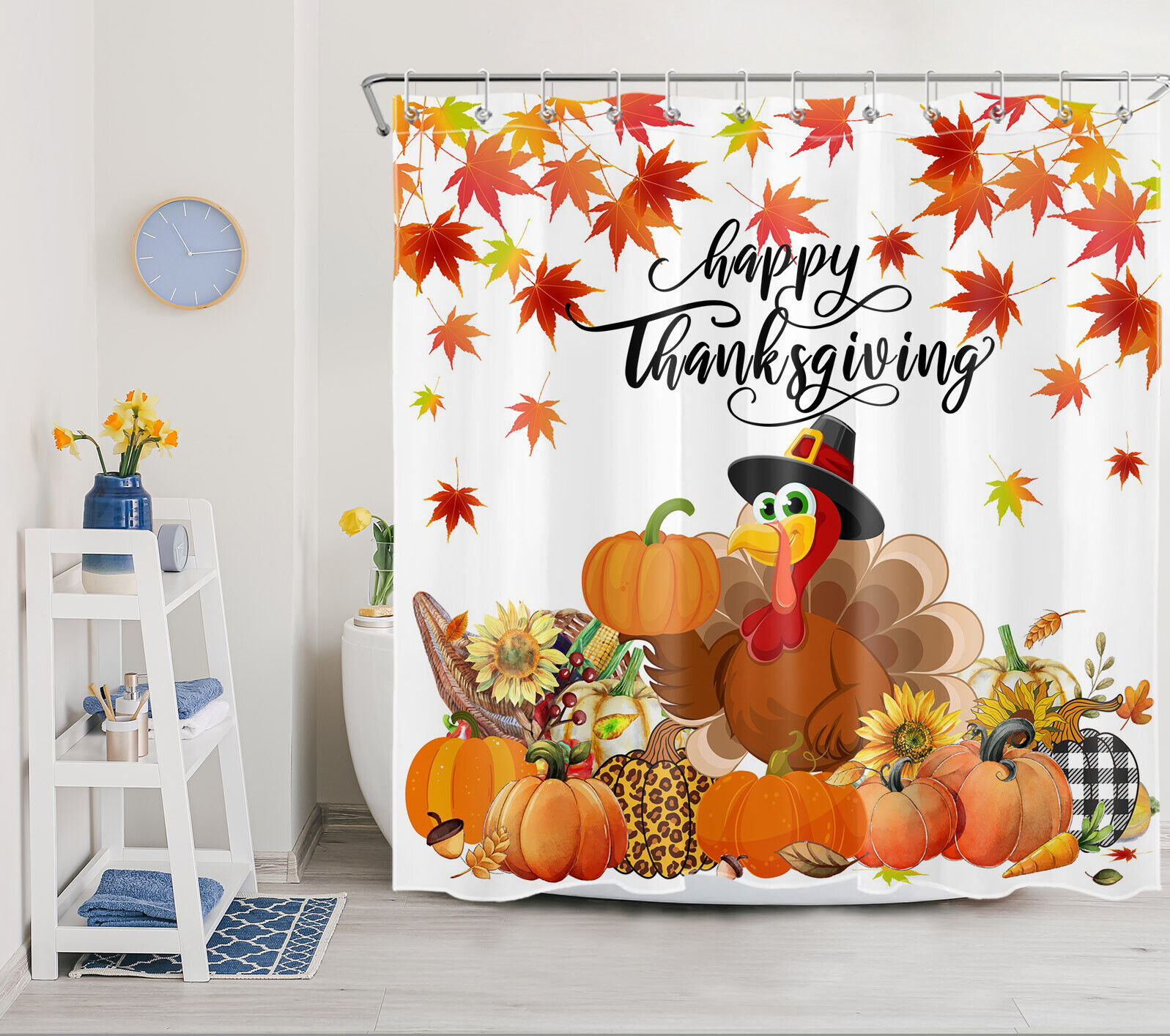 Thanksgiving Turkey and Pumpkin Shower Curtain, Waterproof and Festive Design for Bathroom