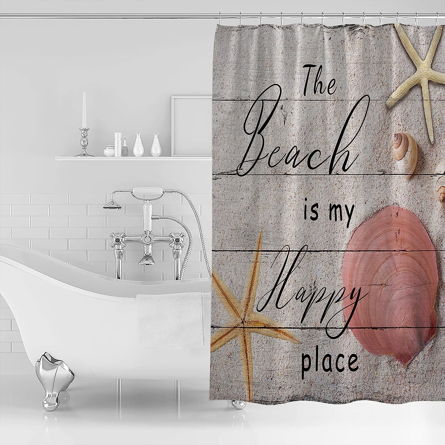 The Beach is My Happy Place Coastal Beach Sand Starfish Seashell Curtain Full Size.