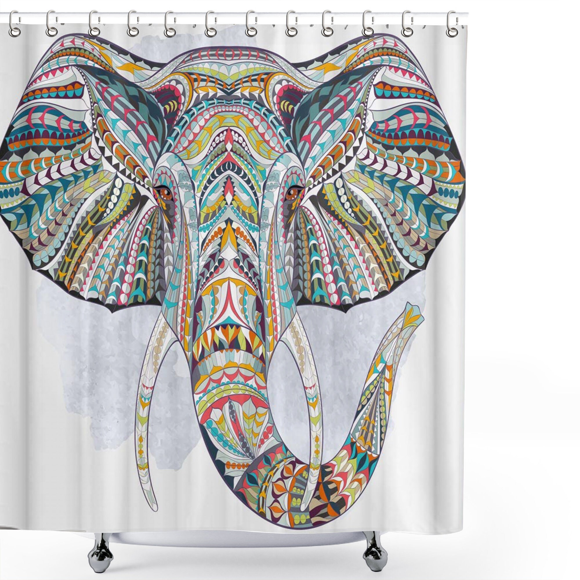 The Hand Drawn Mandala Elephant India Style on White Fabric Bath Curtain Durable Bathroom Curtain Unique Design