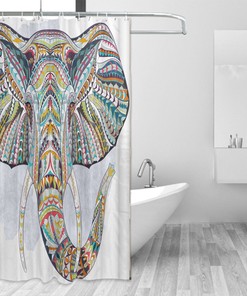 The Hand Drawn Mandala Elephant India Style on White Fabric Bath Curtain Durable Bathroom Curtain Unique Design