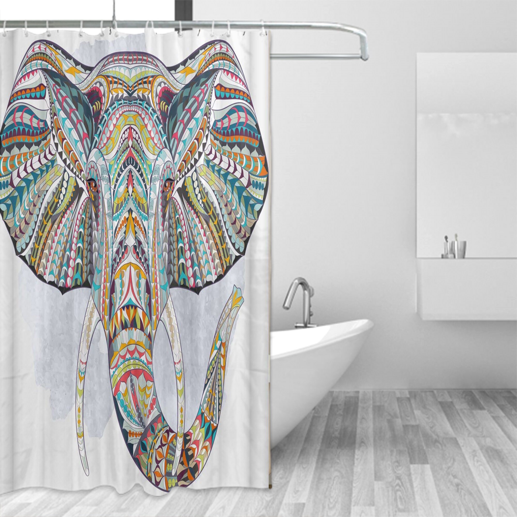 The Hand Drawn Mandala Elephant India Style on White Fabric Bath Curtain Durable Bathroom Curtain Unique Design