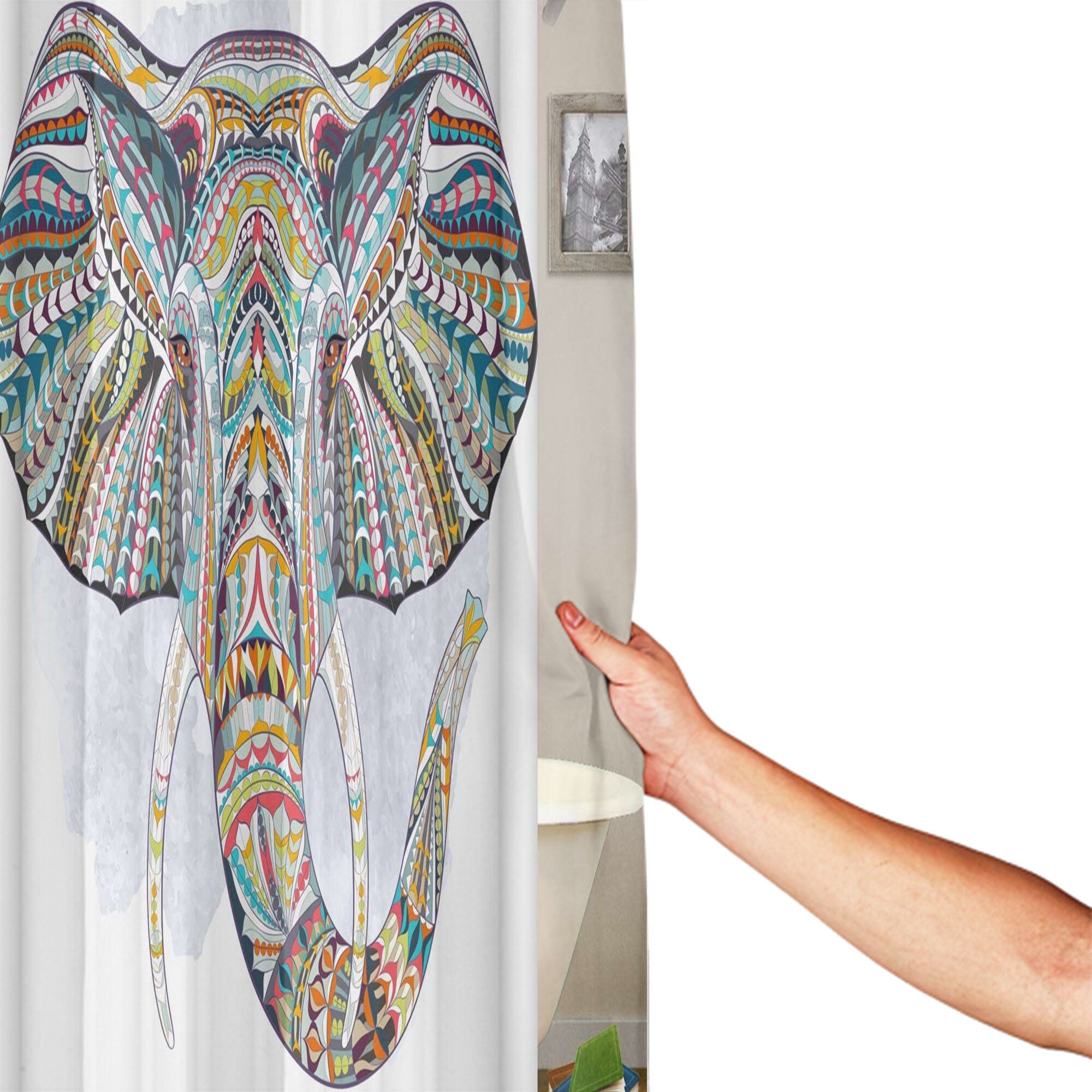 The Hand Drawn Mandala Elephant India Style on White Fabric Bath Curtain Durable Bathroom Curtain Unique Design