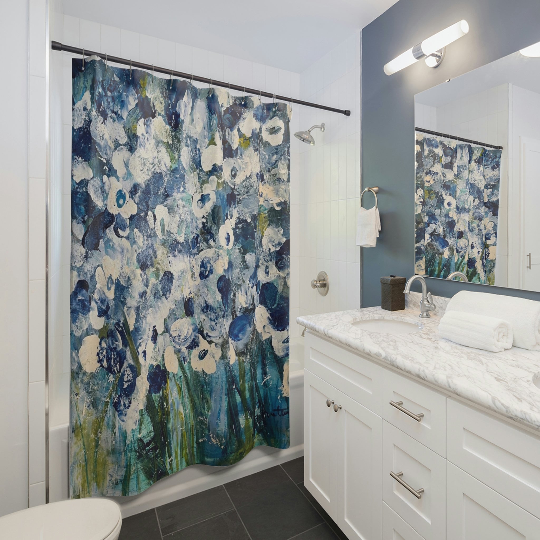 The Language of Flowers Blue Shower Curtain by Stacey Christensen