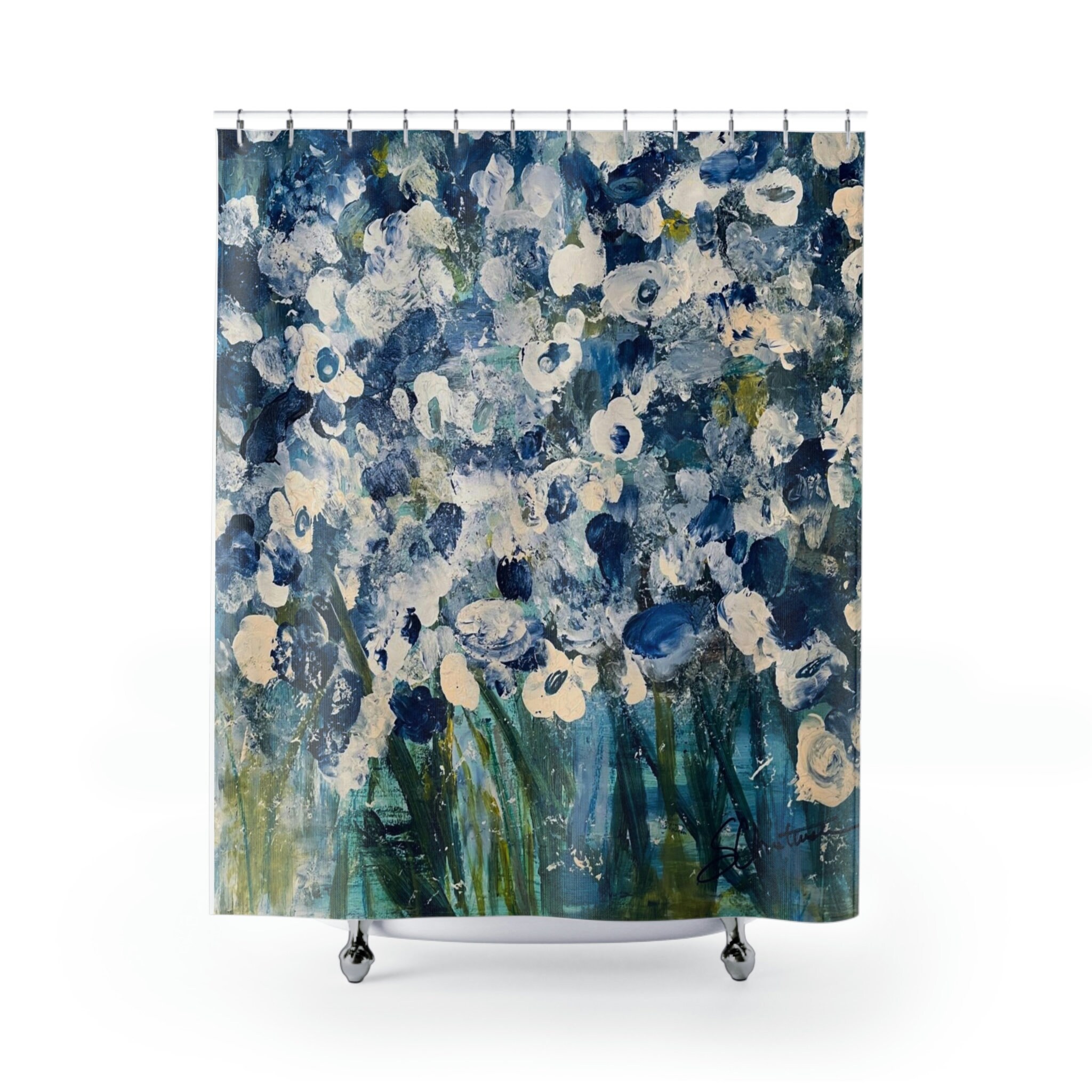 The Language of Flowers Blue Shower Curtain by Stacey Christensen