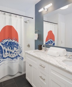 The Sun & Ocean Wave Retro Shower Curtain for Bathroom Decor