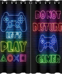 Thermal Insulated Game Room Blackout Curtains - Video Game Controller Neon Sign Pattern