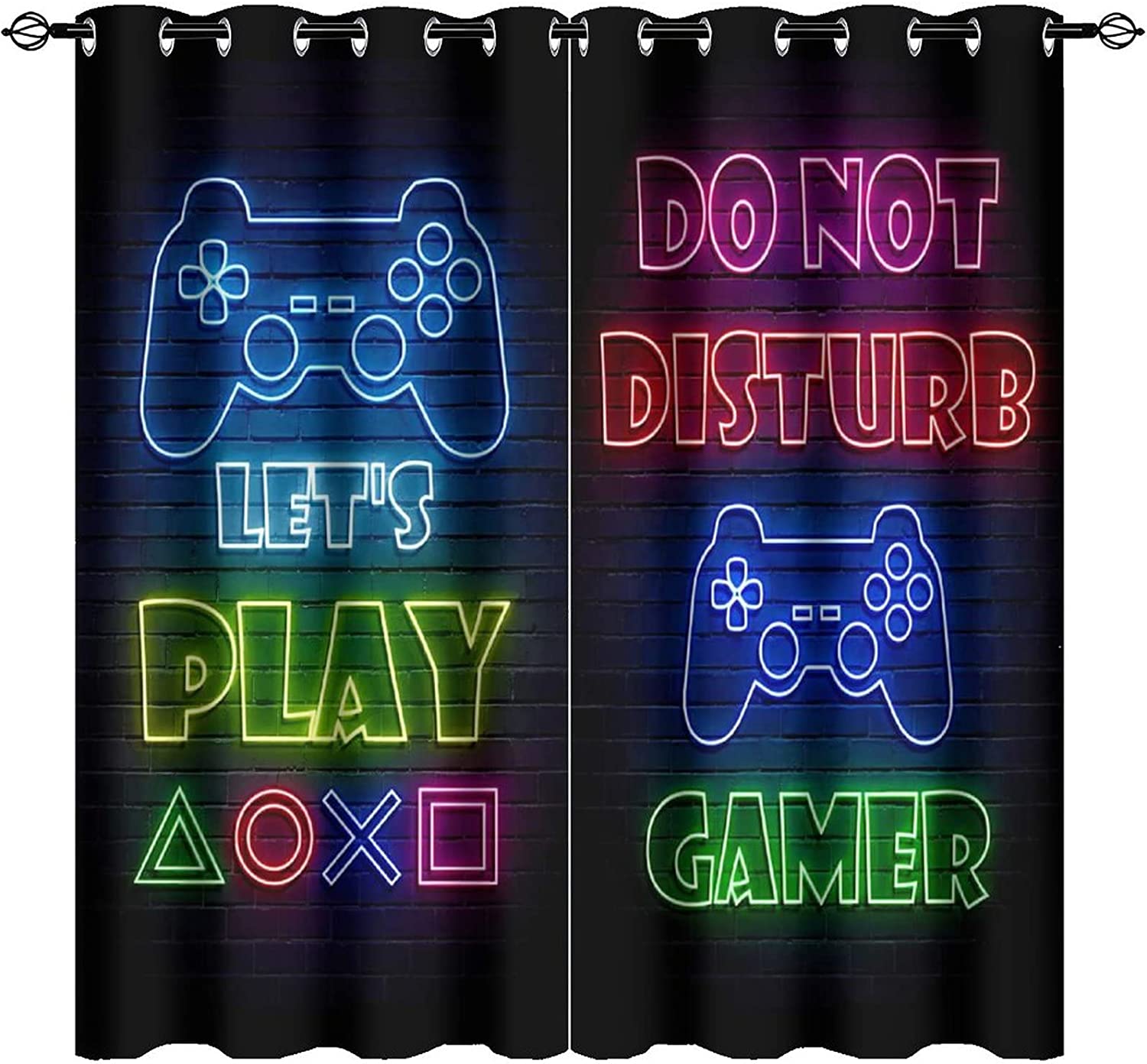 Thermal Insulated Game Room Blackout Curtains - Video Game Controller Neon Sign Pattern