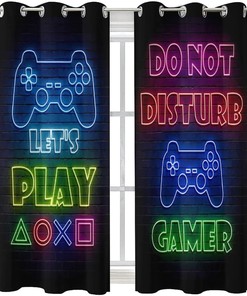 Thermal Insulated Game Room Blackout Curtains - Video Game Controller Neon Sign Pattern