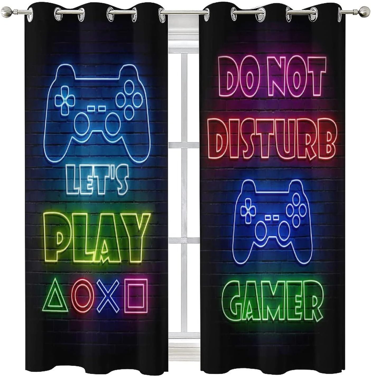 Thermal Insulated Game Room Blackout Curtains - Video Game Controller Neon Sign Pattern