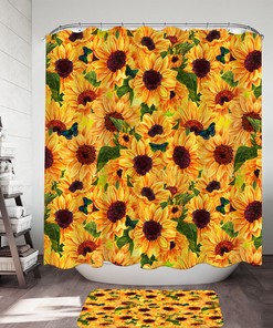 Thick Sunflowers and Butterflies Fabric Shower Curtain