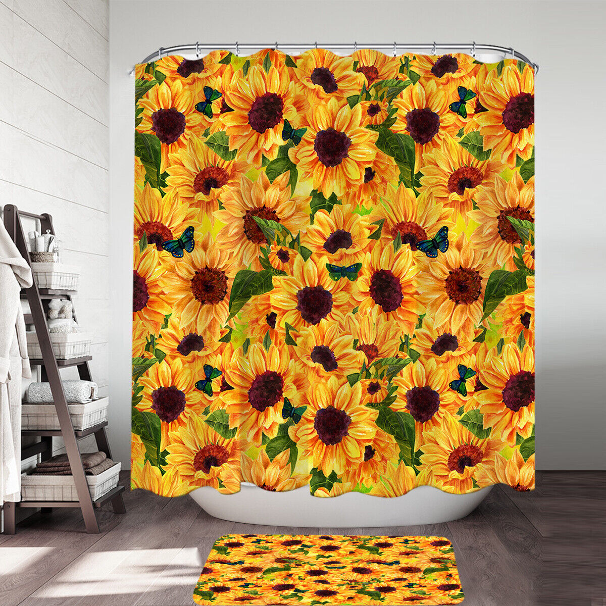 Thick Sunflowers and Butterflies Fabric Shower Curtain