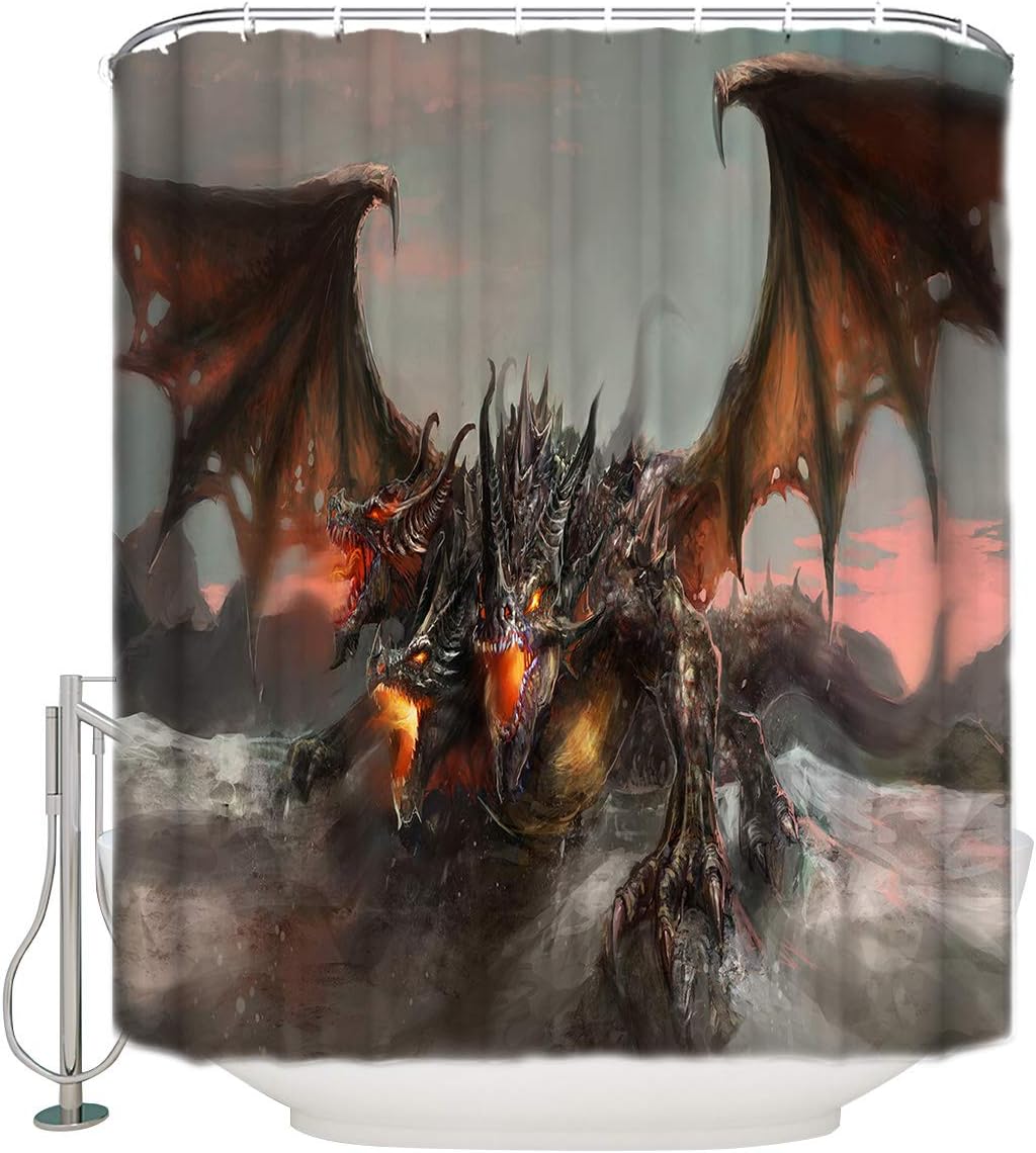 Three-Headed Fire Dragon Shower Curtain - Monsters Theme Waterproof Fabric Curtain Design for Bathroom Showers