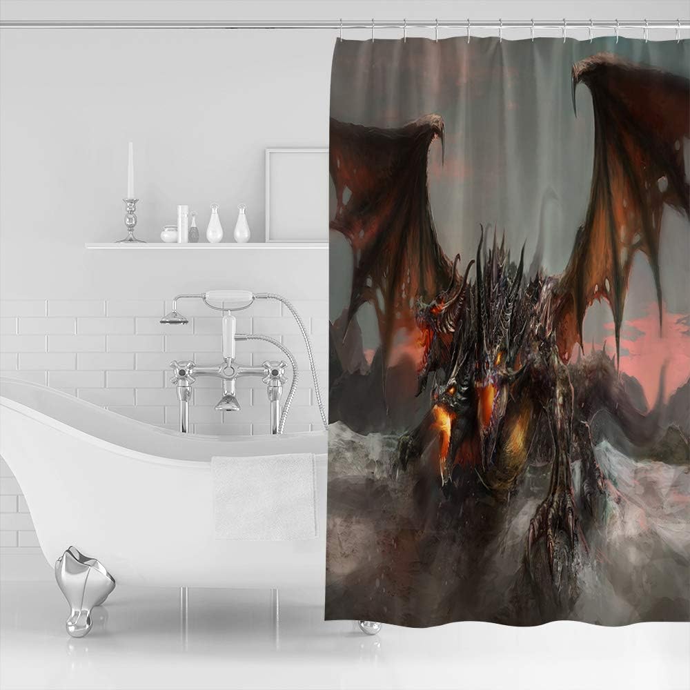 Three-Headed Fire Dragon Shower Curtain - Monsters Theme Waterproof Fabric Curtain Design for Bathroom Showers
