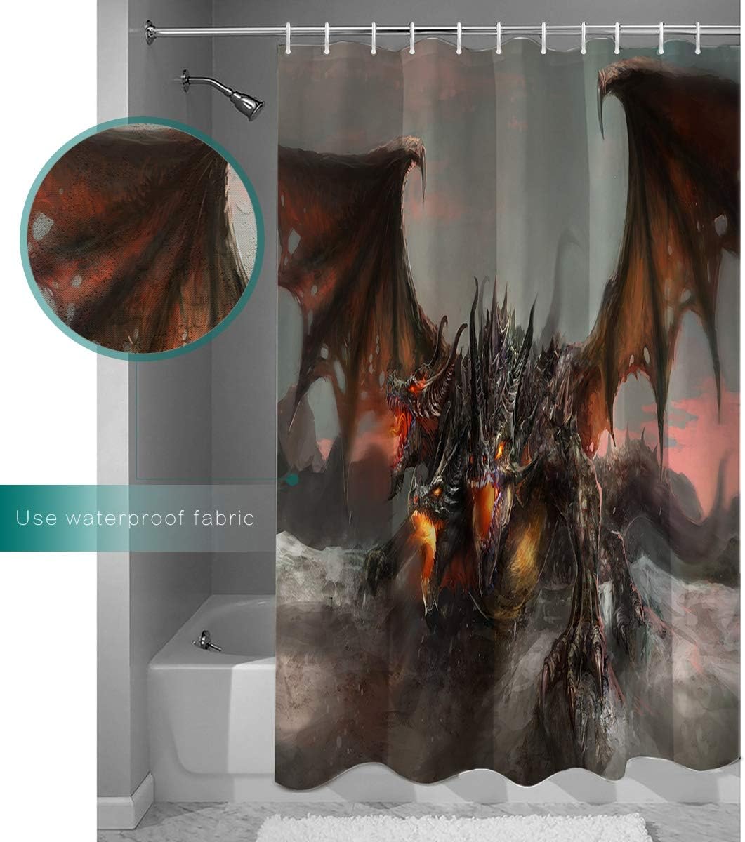 Three-Headed Fire Dragon Shower Curtain - Monsters Theme Waterproof Fabric Curtain Design for Bathroom Showers