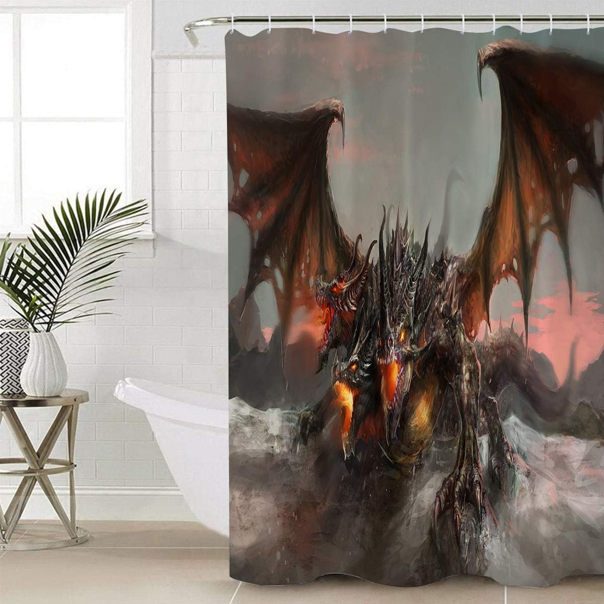 Three-Headed Fire Dragon Shower Curtain - Monsters Theme Waterproof Fabric Curtain Design for Bathroom Showers