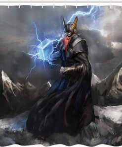 Thunderous Mjolnir Norse God Shower Curtain- Cloth Fabric Bathroom Decor Featuring Thor of Asgard  