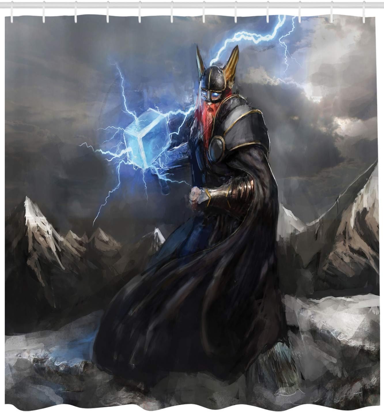 Thunderous Mjolnir Norse God Shower Curtain- Cloth Fabric Bathroom Decor Featuring Thor of Asgard