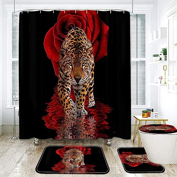 Tiger And Rose Flower Print Waterproof Bathroom Decor Shower Curtain