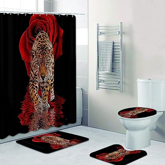 Tiger And Rose Flower Print Waterproof Bathroom Decor Shower Curtain - Image 2