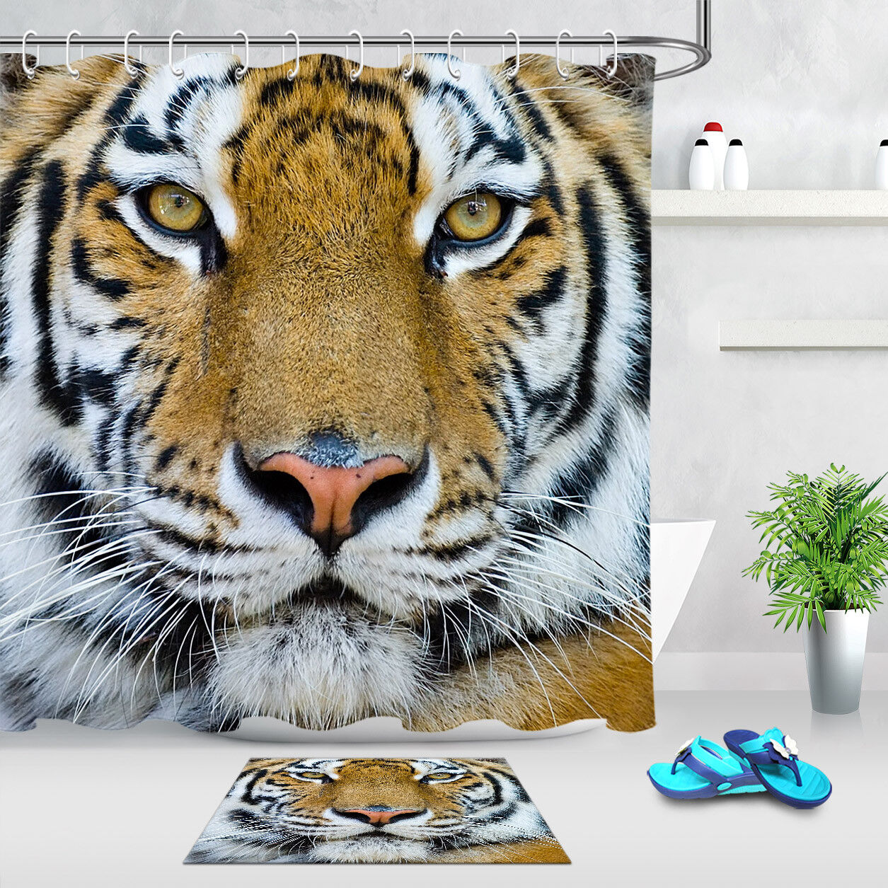 Tiger Close-up Fabric Shower Curtain - Waterproof for Bathroom Hooks