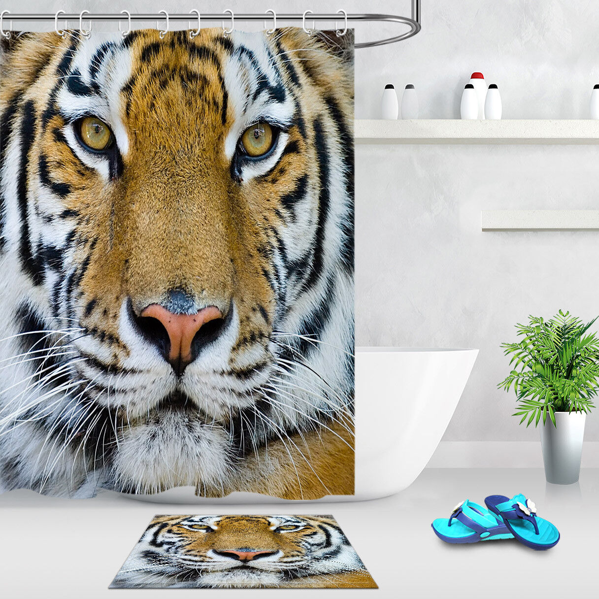 Tiger Close-up Fabric Shower Curtain - Waterproof for Bathroom Hooks