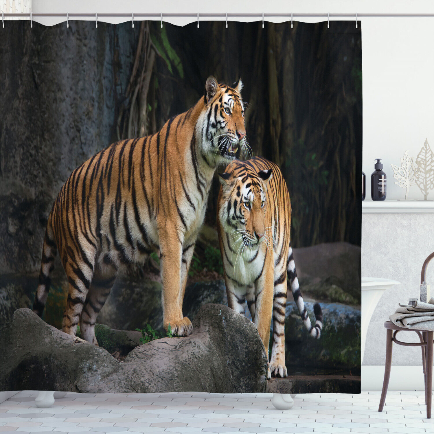 Tiger Couple In Jungle Print Animal Shower Curtain For Bathroom Decor