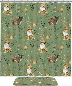 Tiger Deer Animal Print Shower Curtain and Mat Set for Bathroom