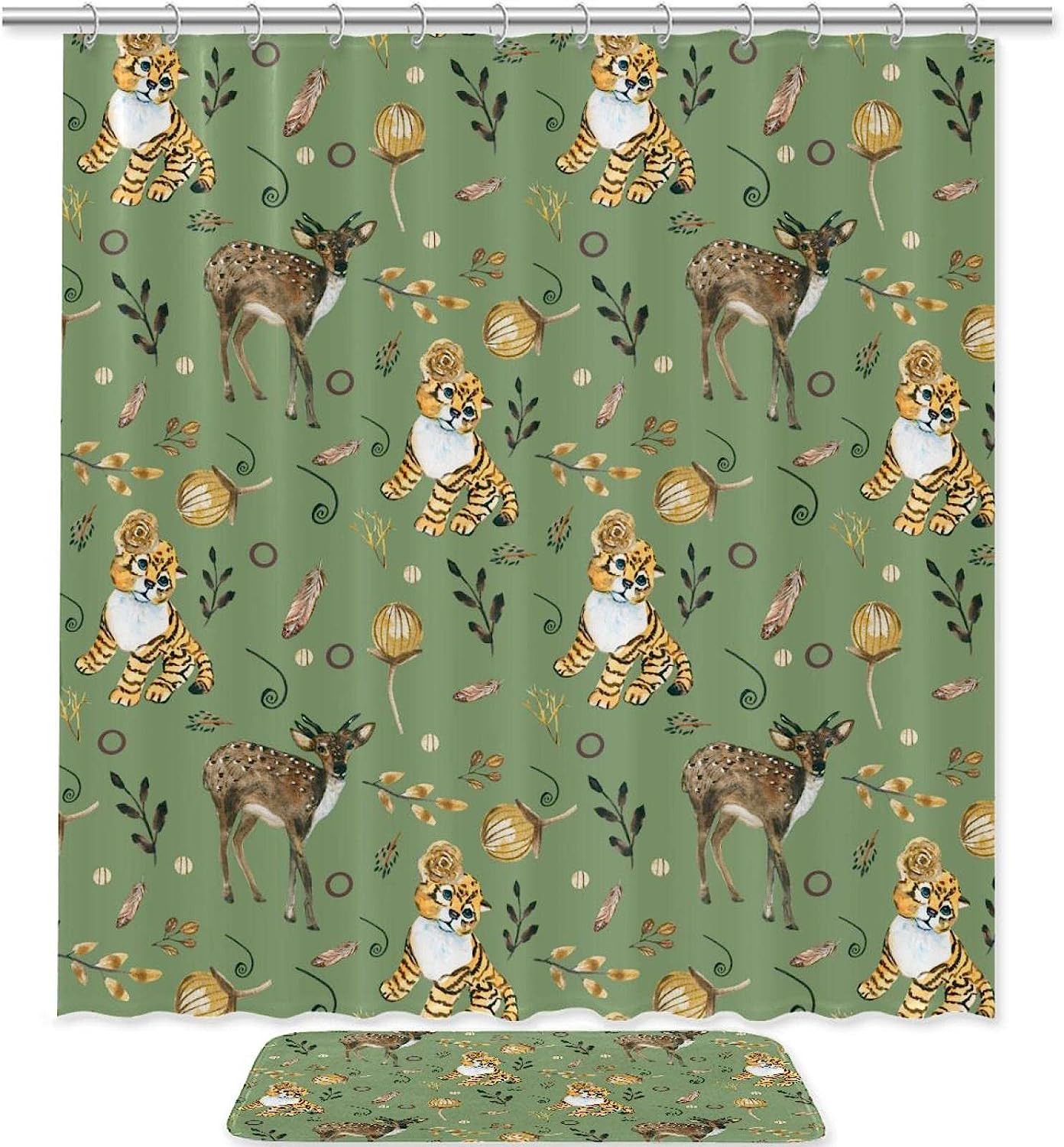 Tiger Deer Animal Print Shower Curtain and Mat Set for Bathroom