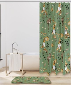 Tiger Deer Animal Print Shower Curtain and Mat Set for Bathroom