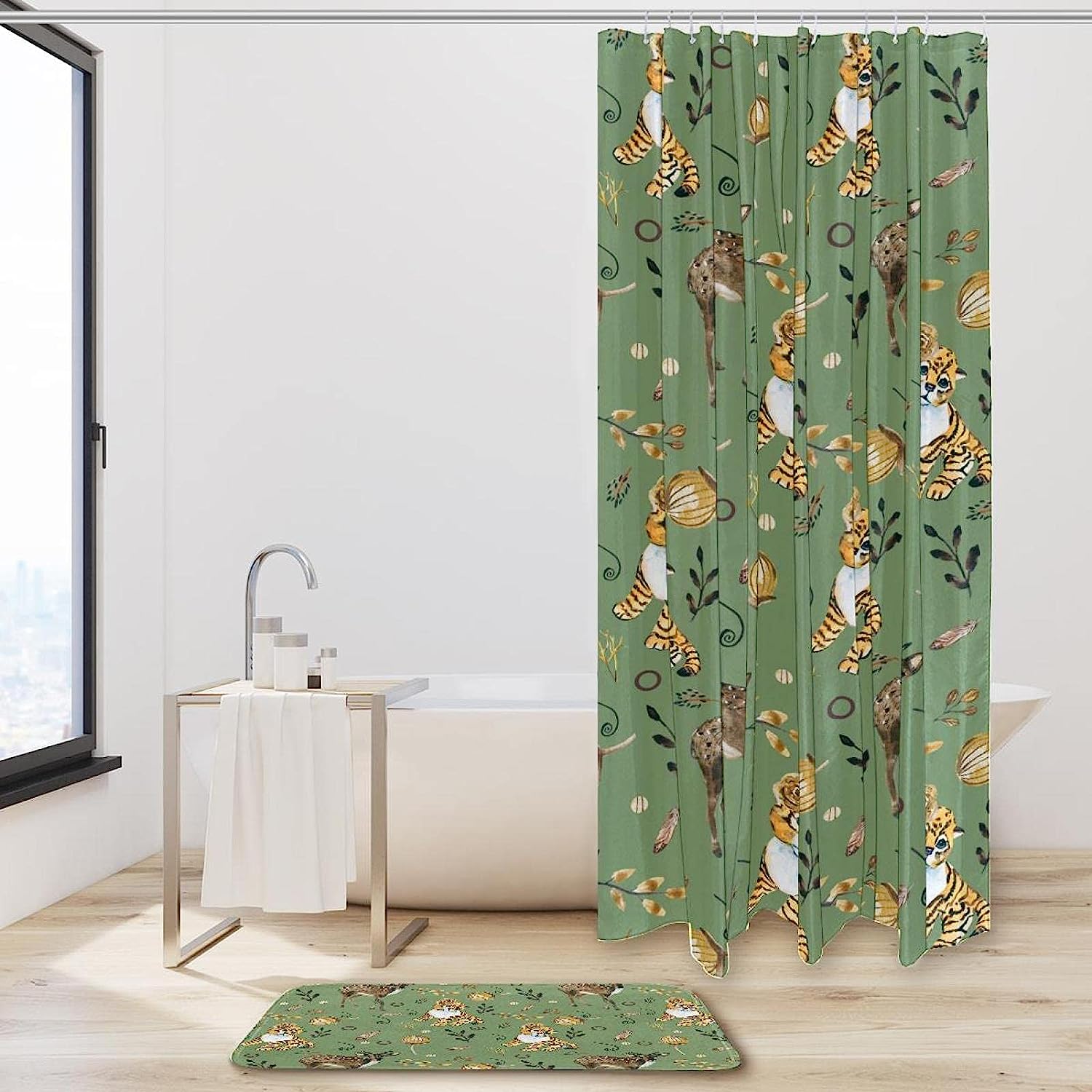 Tiger Deer Animal Print Shower Curtain and Mat Set for Bathroom