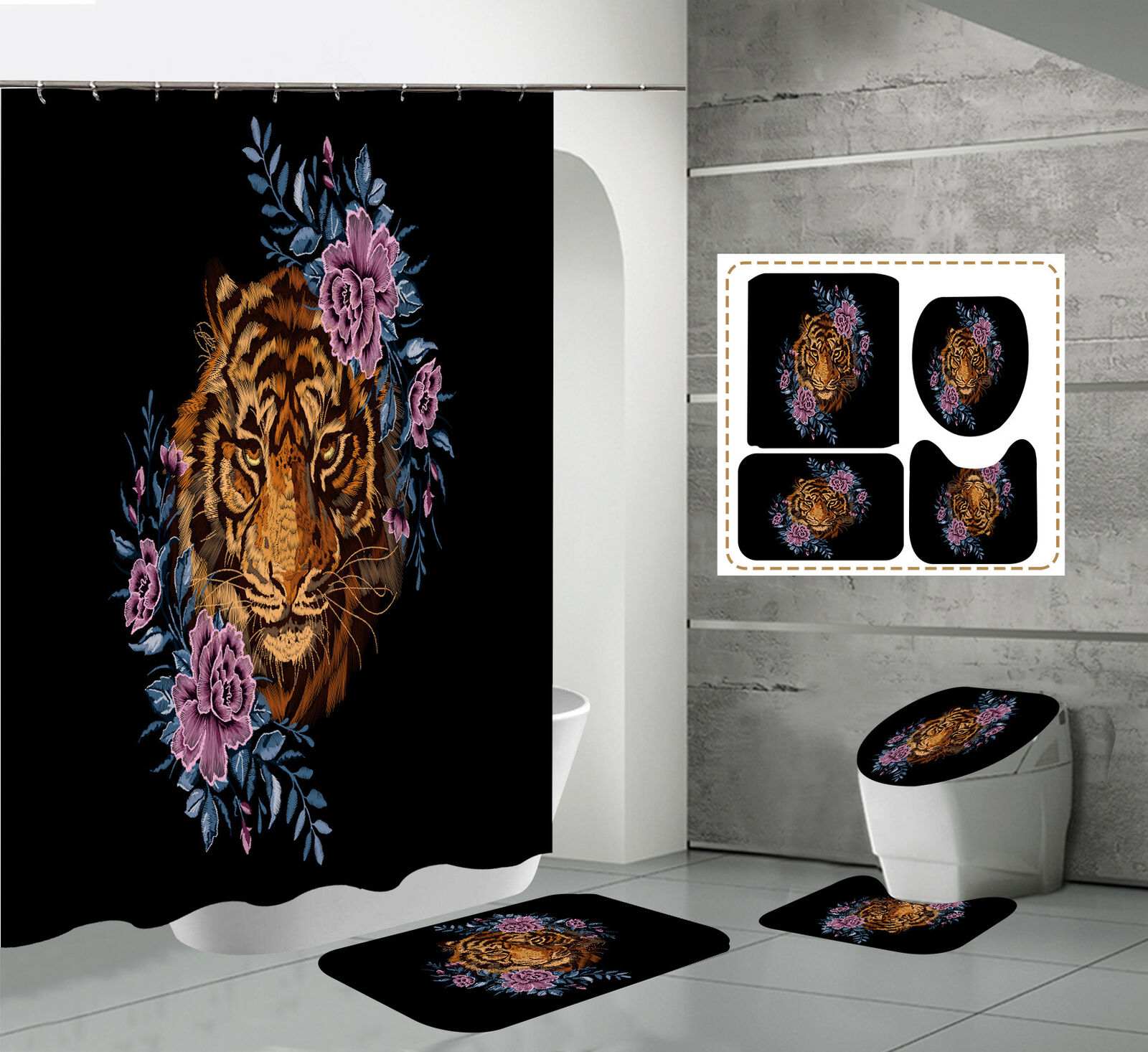 Tiger Flowers Animal Print Shower Curtain for Cute Bathroom Decor