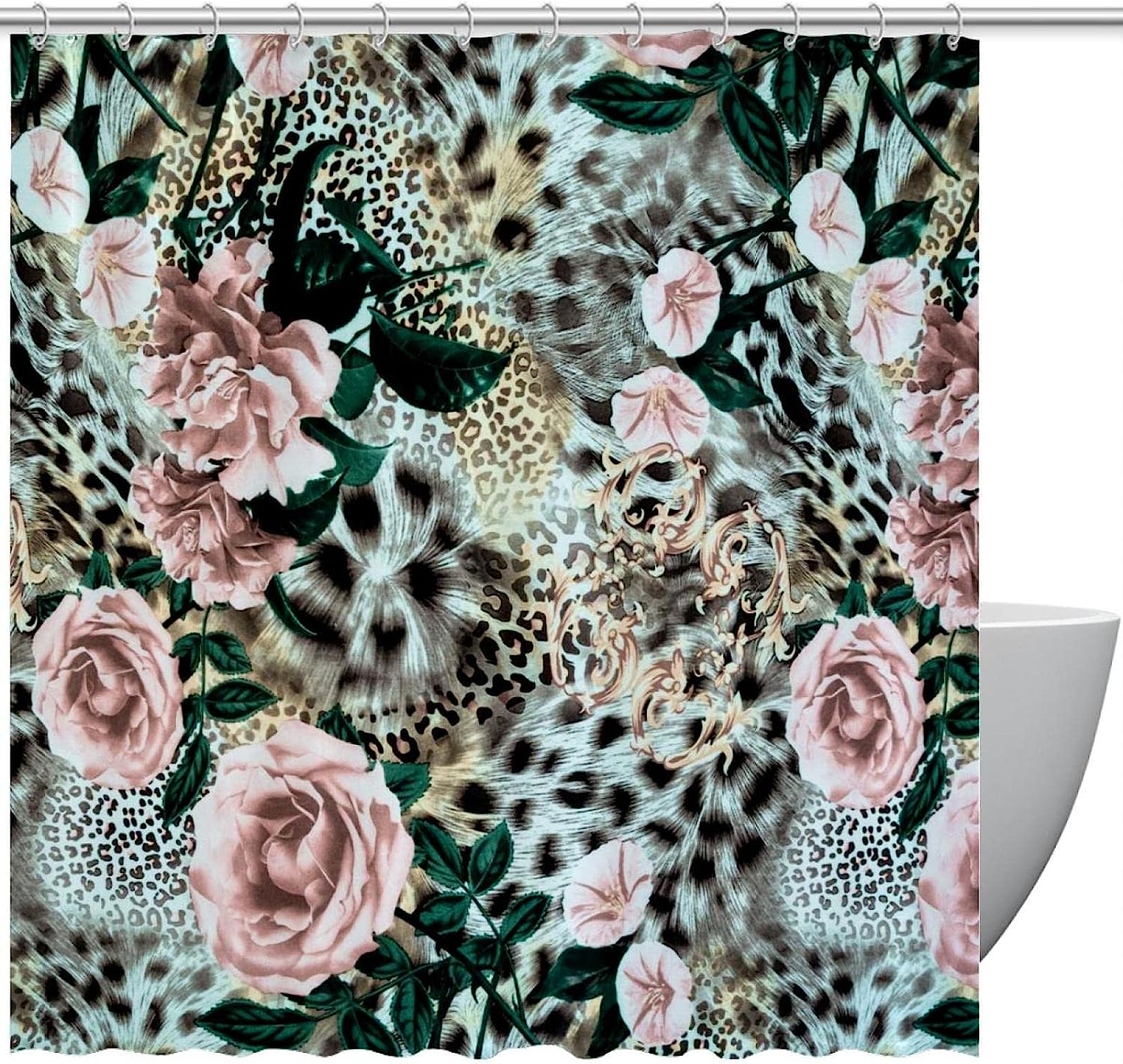 Tiger Leopard Flower Rose Full Size Bathroom Shower Curtain