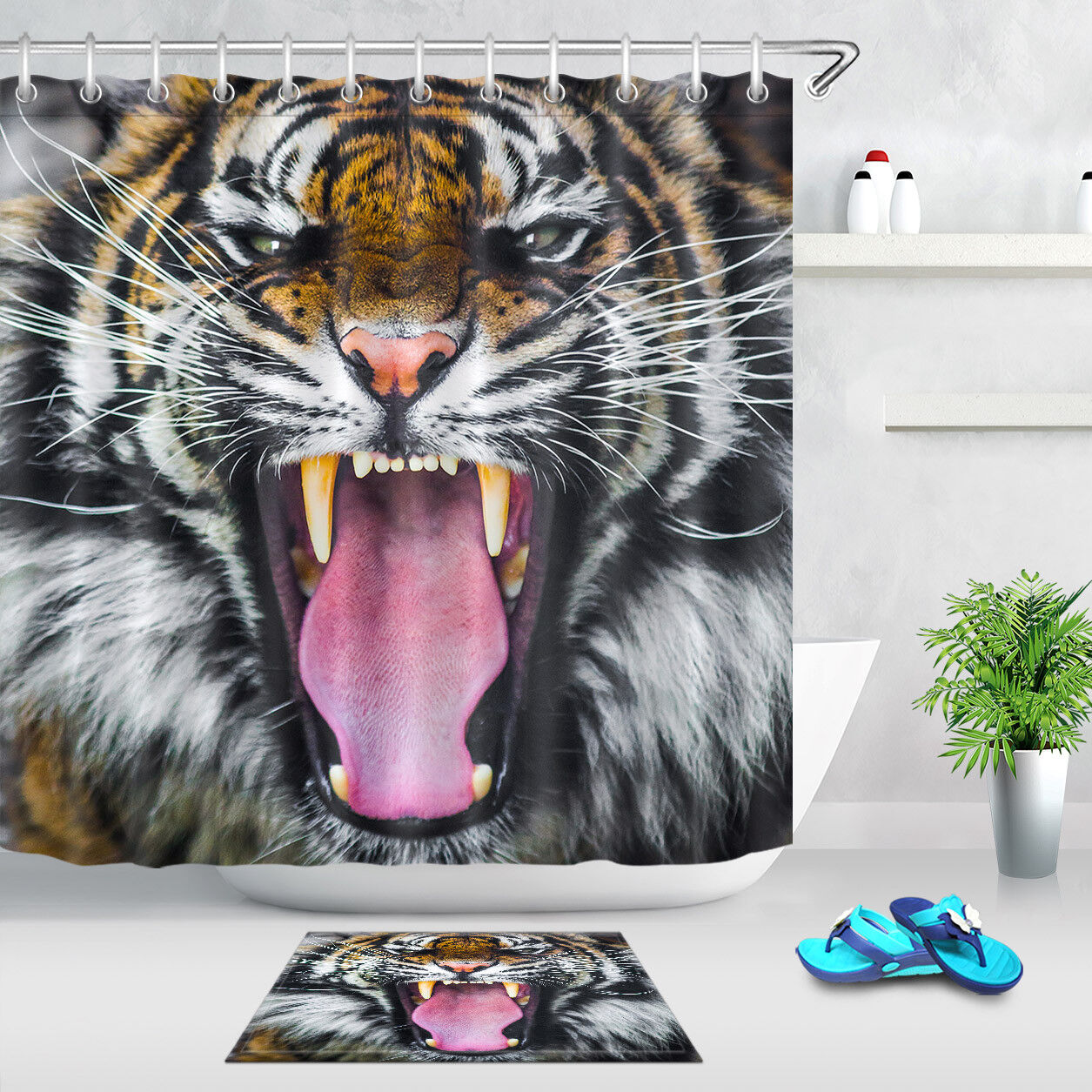 Tiger Roar Snarling Fabric Shower Curtain With Wildlife Theme For Bathroom Decor