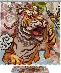 Tiger and Butterfly Waterproof Fabric Shower Curtain