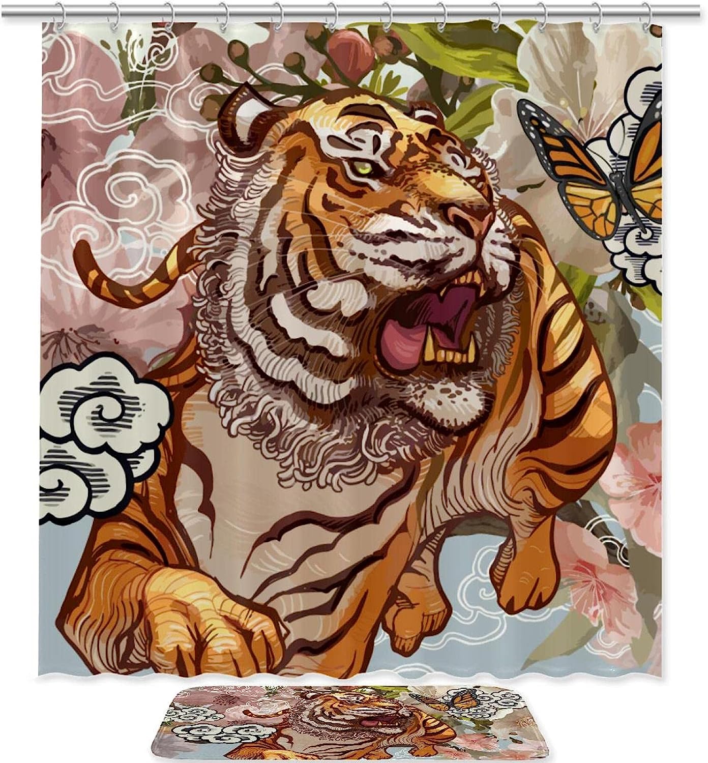 Tiger and Butterfly Waterproof Fabric Shower Curtain