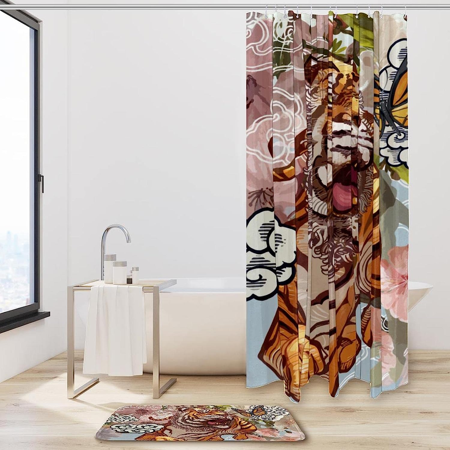 Tiger and Butterfly Waterproof Fabric Shower Curtain